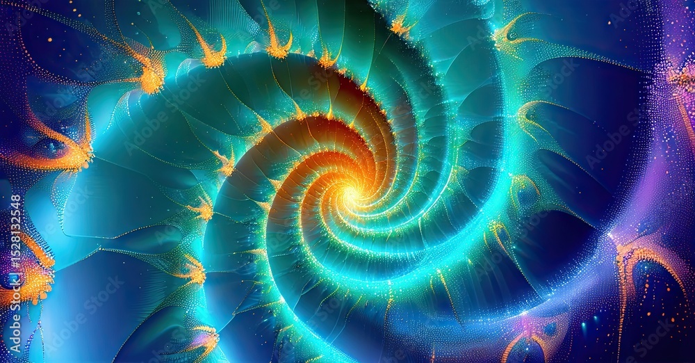 Poster vibrant spiral fractal. blue, orange, purple hues blend. complex patterns radiate from central point