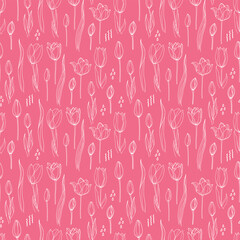Seamless pattern with white tulips on pink background. Cute ornament for wallpaper, fabric, card.