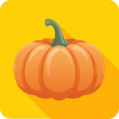 Bright flat design illustration of a orange pumpkin with a green stem on a yellow background