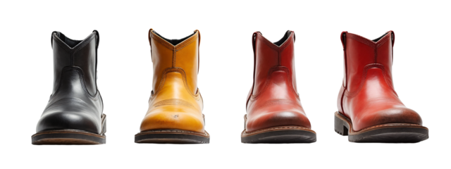 A row of four different colored cowboy boots