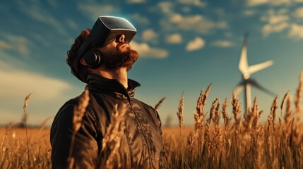 A man wearing a VR headset looks up in a field, embodying the fusion of technology and nature, illustrating the exploration of new dimensions in virtual experiences.
