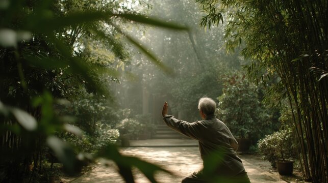 Elderly man practicing tai chi in a serene garden surrounded by lush greenery at dawn