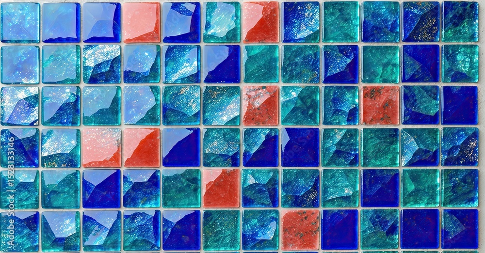Poster mosaic pattern features square tiles. colors include blue, turquoise, red. texture appears glossy, r