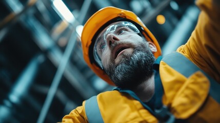 A focused worker in safety gear looks up in an industrial setting, highlighting the importance of safety and dedication in professional environments.