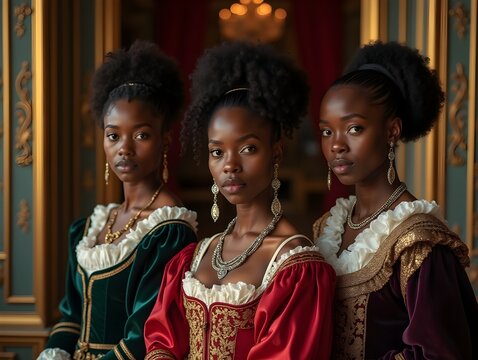 Three Black Women in Renaissance Era Fashion Portrait in Ornate Palace Interior
