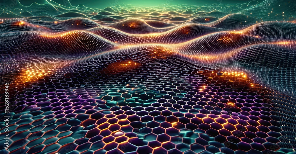 Poster Abstract digital landscape. Glowing hexagonal grid meets undulating waves. Vibrant colors create futuristic scene. Dark background emphasizes luminosity.