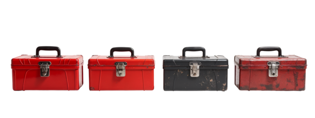 A row of three red and black metal boxes with handles.
