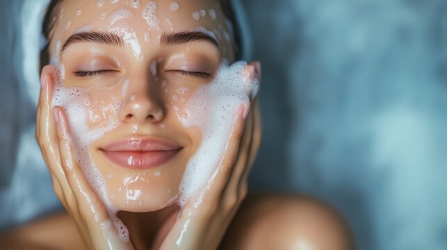 Woman enjoying a refreshing facial cleanse in a serene spa setting during daylight hours