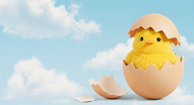 Cracked cartoon egg with a baby chick popping out, positioned on the right third, with soft clouds and blue sky filling the rest - Powered by Adobe