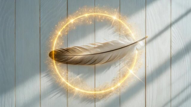 Elegant single feather rests on light wood grain background inside a glowing golden circle a serene and peaceful image perfect for meditation wellness or spiritual themes