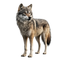 Fototapeta premium Realistic depiction of a wolf standing on a white background showcasing its fur details and alert expression