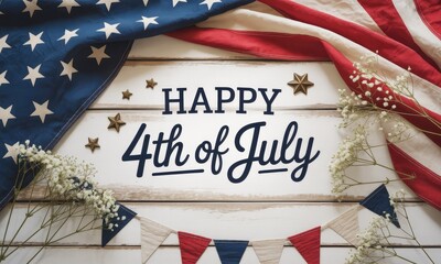 Happy 4th of july rustic wood background with flag and flowers