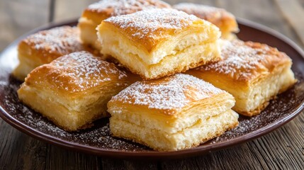 A plate of freshly baked pastries with powdered sugar on top, placed on a rustic wooden table.