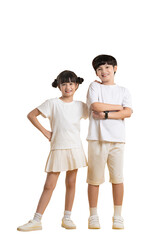 Full body of Asian kid girl and kid boy posing on png background	