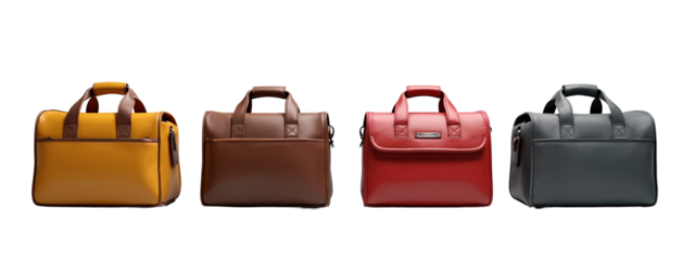 A row of four different colored leather bags