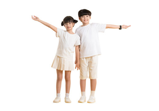 Full body of Asian kid girl and kid boy posing on png background