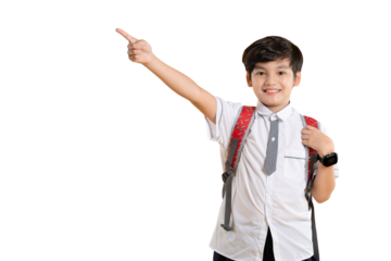 Portrait of Asian kid boy wearing school uniform and carying backpack posing on yellow background	
