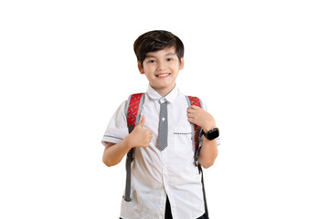 Portrait of Asian kid boy wearing school uniform and carying backpack posing on yellow background	
