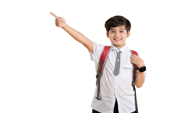 Portrait of Asian kid boy wearing school uniform and carying backpack posing on yellow background	
