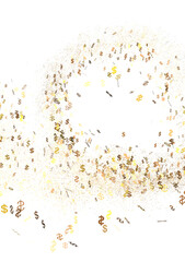 Gold dollar signs explode across a white background.  Perfect for finance, wealth, or money concepts.