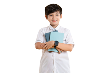 Portrait of Asian kid boy wearing school uniform and holding book posing on png background