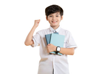 Portrait of Asian kid boy wearing school uniform and holding book posing on png background