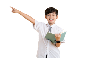 Portrait of Asian kid boy wearing school uniform and holding book posing on png background
