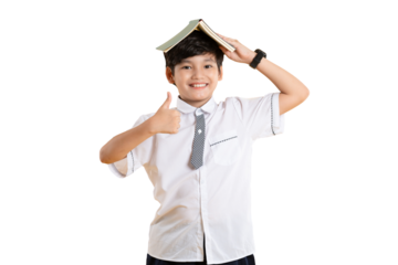 Portrait of Asian kid boy wearing school uniform and holding book posing on png background