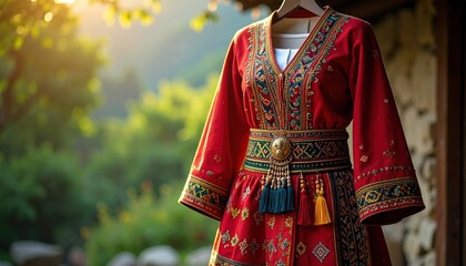 Exquisite Red Traditional Embroidered Dress with Belt showcased outdoors A vibrant cultural garment