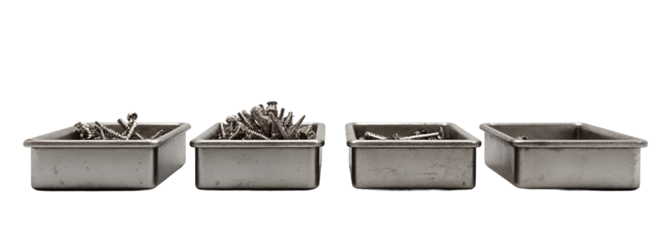 A set of three metal containers with screws in them.