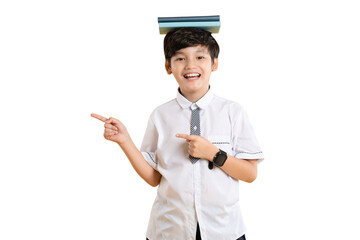 Portrait of Asian kid boy wearing school uniform and holding book posing on  png background	
