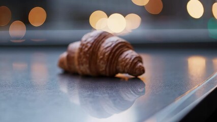 Crisp croissant on table with blurred lights in background, symbolizing bakery freshness, breakfast elegance and gourmet pastry presentation - Powered by Adobe