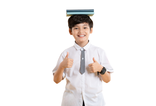 Portrait of Asian kid boy wearing school uniform and holding book posing on  png background	
