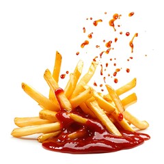 A dynamic splash of ketchup enveloping a pile of golden, crisp french fries with droplets flying in the air, set against a pure white background