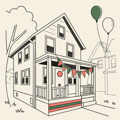 Obraz premium Festive house with bunting decorations and balloons in backyard 