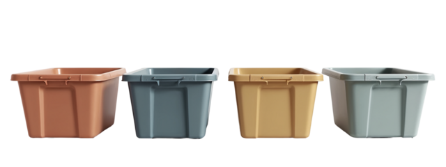 A set of four different colored plastic containers