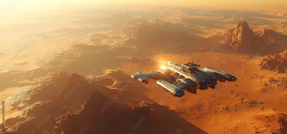 Poster a sophisticated robot embarks on an expedition on an alien planet, navigating through rugged terrain