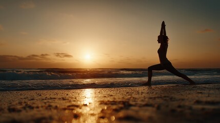Woman practicing yoga on the beach at sunset near the ocean waves