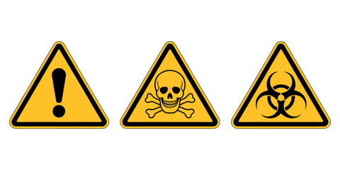 Obraz premium Toxic, Biohazard, and Caution Warning Signs Vector Set – Yellow Triangle Safety Symbols