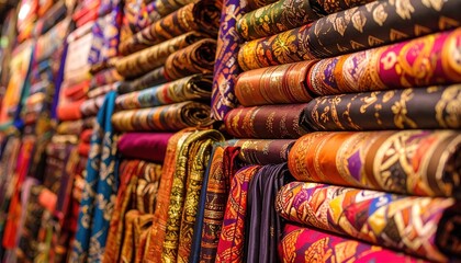 Vibrant Colorful Rolls of Fabric in a Textile Market Showcase Rich Textures and Patterns