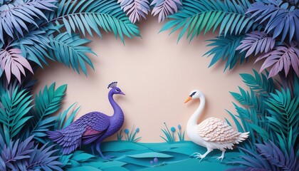 Paper Cut Art Peacock & Swan in Tropical Lagoon