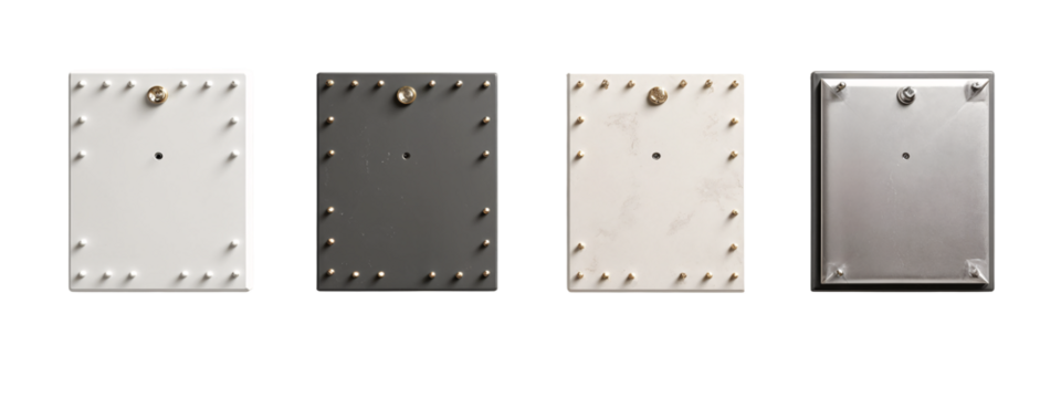 A set of four metal plates with rivets on them.