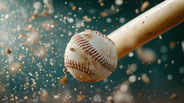 A dynamic action shot captures a baseball being struck by a bat as dirt and dust fly dramatically into the air, illustrating the intensity and excitement of the game.