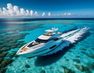 A White Luxury Yacht Sailing Through Turquoise Waters Under a Clear Blue Sky on a Sunny Day, the Essence of a Perfect Day at Sea.