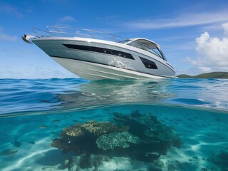A White Luxury Yacht Sailing Through Turquoise Waters Under a Clear Blue Sky on a Sunny Day, the Essence of a Perfect Day at Sea.