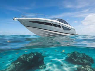 A White Luxury Yacht Sailing Through Turquoise Waters Under a Clear Blue Sky on a Sunny Day, the Essence of a Perfect Day at Sea.