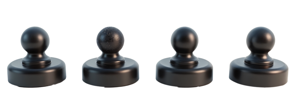 A set of four black plastic knobs