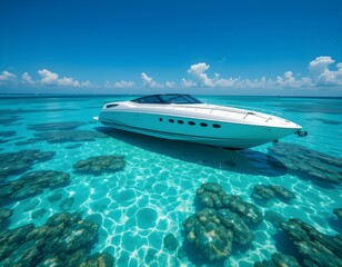 A White Luxury Yacht Sailing Through Turquoise Waters Under a Clear Blue Sky on a Sunny Day, the Essence of a Perfect Day at Sea.
