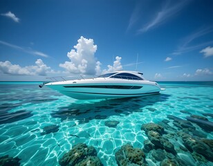A White Luxury Yacht Sailing Through Turquoise Waters Under a Clear Blue Sky on a Sunny Day, the Essence of a Perfect Day at Sea.