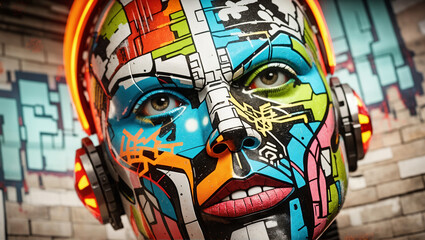 A cybernetic robot face made of glitchy graffiti